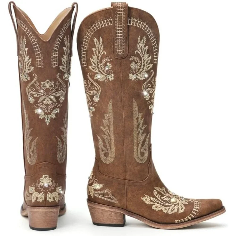 🆕Womens Brown Faux Leather Knee High Cowboy Chunky Heel Tall Western Boots - Picture 9 of 9